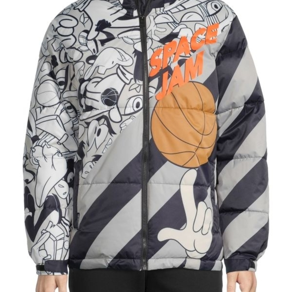 Space Jam Men's Puffer Jacket - Black and Gray